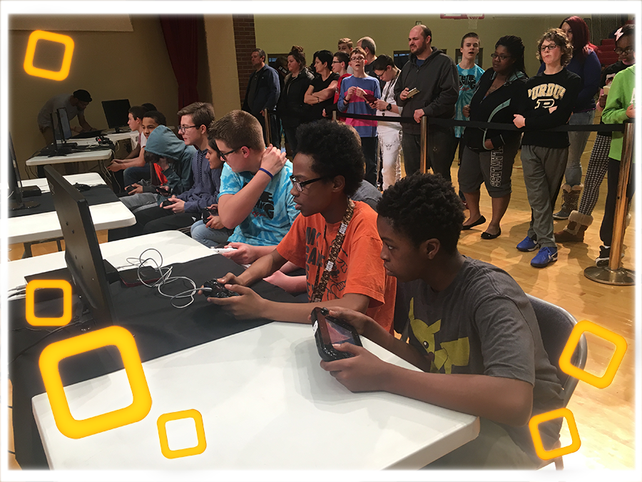 Students competing with each other through video games